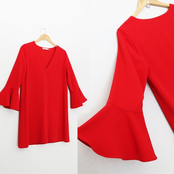 Alice + Olivia Red 3/4 Bell Sleeves V Neck Mini Shift Dress - Picture 10 of 16